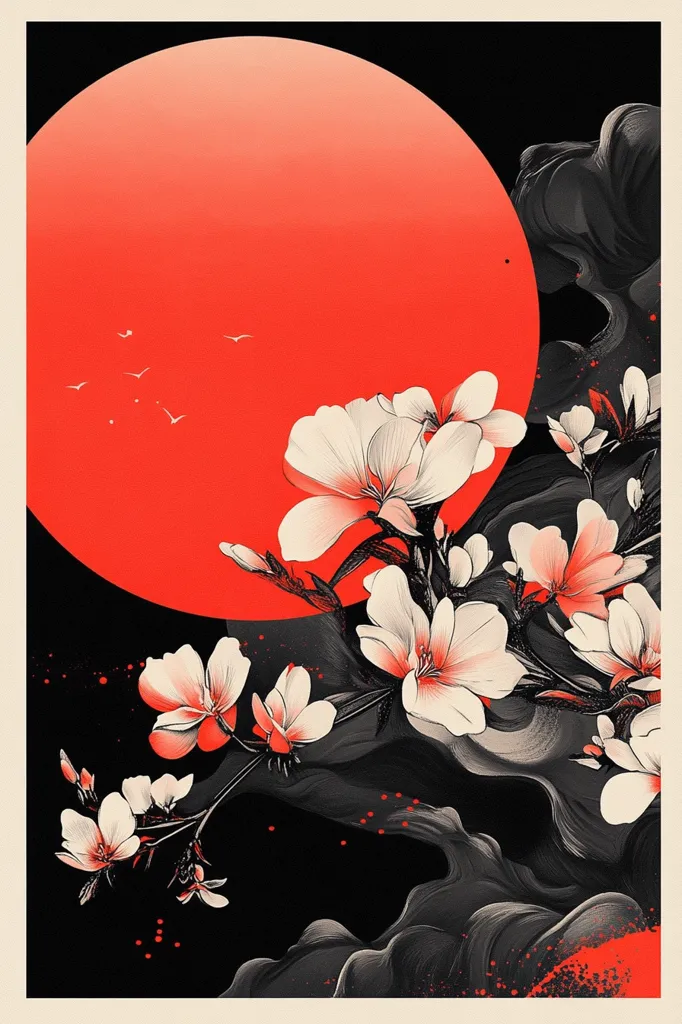 The image depicts a large, red circle, possibly a rising or setting sun, behind a branch of delicate white flowers. The background is a dark, stylized landscape with hints of grey and black. Small, white birds fly in the sky above the red circle. The overall aesthetic is minimalist and graphic, with a strong emphasis on contrasting colors and shapes. The composition is balanced and visually pleasing, creating a sense of tranquility and serenity.