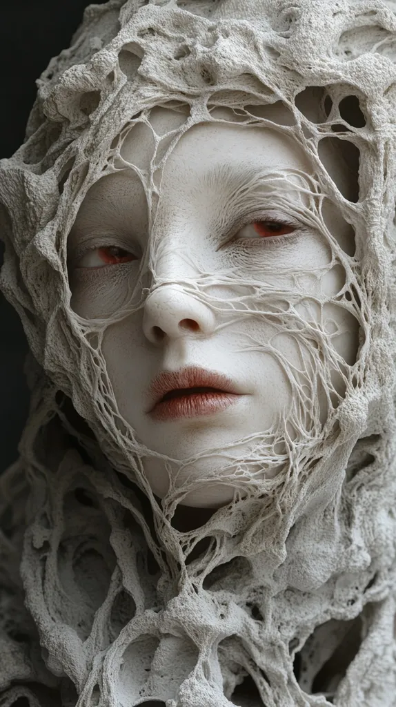 A close-up image of a person's face, obscured by a web-like material. The material is a pale grey, and the person's skin is white, with only their red eyes visible. The texture of the web is intricate and detailed. The overall effect is unsettling and eerie.