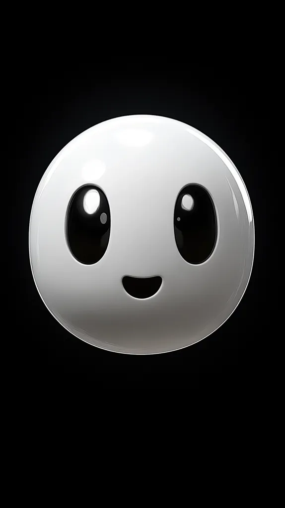 The image shows a white, round object with a smiling face. It has two large black eyes, a small black mouth, and a glossy surface. The object is set against a black background. The image evokes a feeling of innocence and happiness.