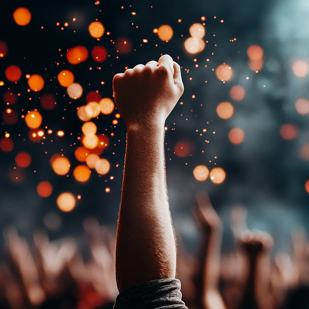 A single arm with a clenched fist reaches up towards a blurred background of warm, glowing lights. The arm is positioned in the center of the image, with the hand facing the viewer. The lights are out of focus, creating a dreamy and celebratory atmosphere. The image evokes a sense of unity and excitement.  The overall feel is vibrant and hopeful.  The dark background emphasizes the raised fist, highlighting its significance.  The image captures a moment of shared energy and passion, leaving the viewer to imagine the context and the reason behind this gesture.