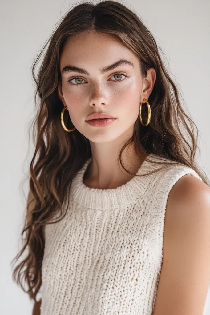A young woman with long brown hair is wearing a white knitted sleeveless top and gold hoop earrings. She has light brown eyebrows and freckles. The background is a plain white wall. She is looking directly at the camera. The image is likely a portrait, focusing on her face and upper body.