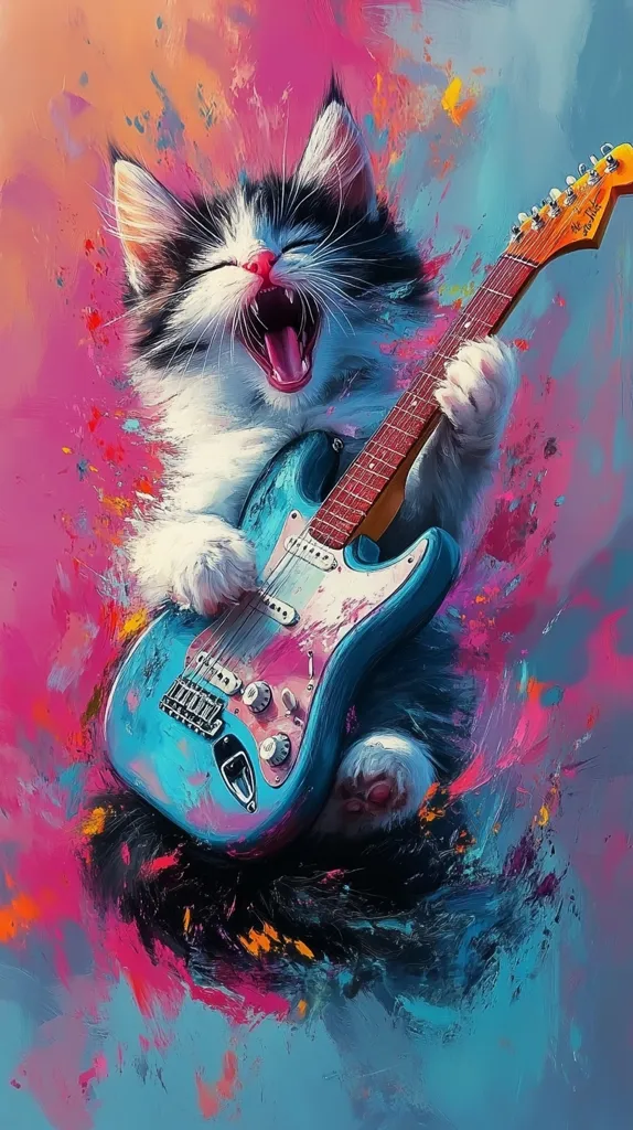A white and black cat with green eyes is playing a blue electric guitar. The cat is singing and its mouth is wide open. The background is a colorful abstract painting of pink, blue, and yellow. The cat is in the center of the image and the guitar is tilted to the right. The image is painted in a realistic style.