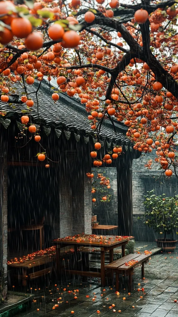 A quaint patio with wooden tables and benches is enveloped in the soft rain.  The air is thick with the scent of falling persimmons from the heavily laden tree overhead.  The orange fruit and scattered petals create a beautiful and peaceful scene, the rain washing the world clean.  The old stone building provides a backdrop, its roof adorned with intricate details.  It's a tranquil moment in nature's cycle.