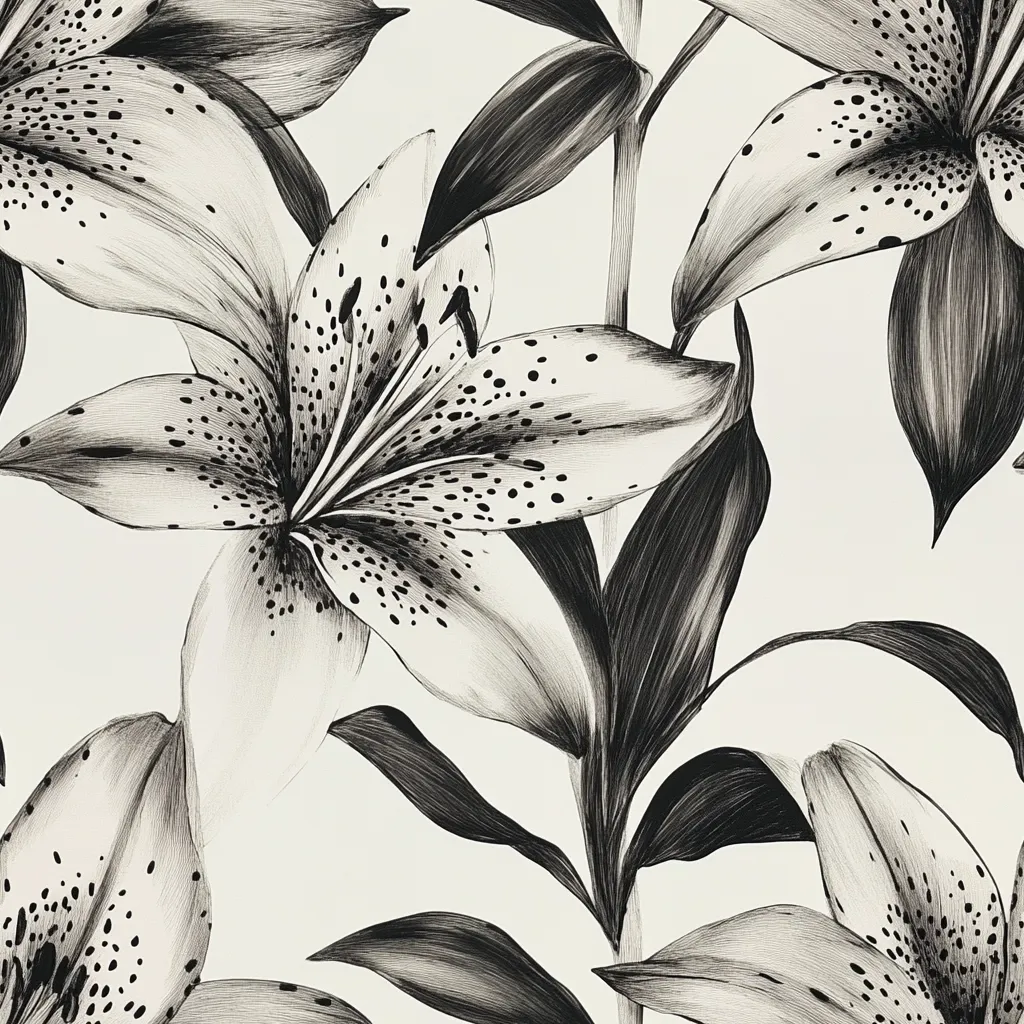 The image is a black and white illustration of lilies. The lilies are drawn with fine lines and detail, and they are covered in black dots. The flowers are depicted in a realistic style, and the leaves are arranged around the lilies in a natural way. The background is a simple white, which allows the flowers to stand out. The image has a classic and elegant feel.