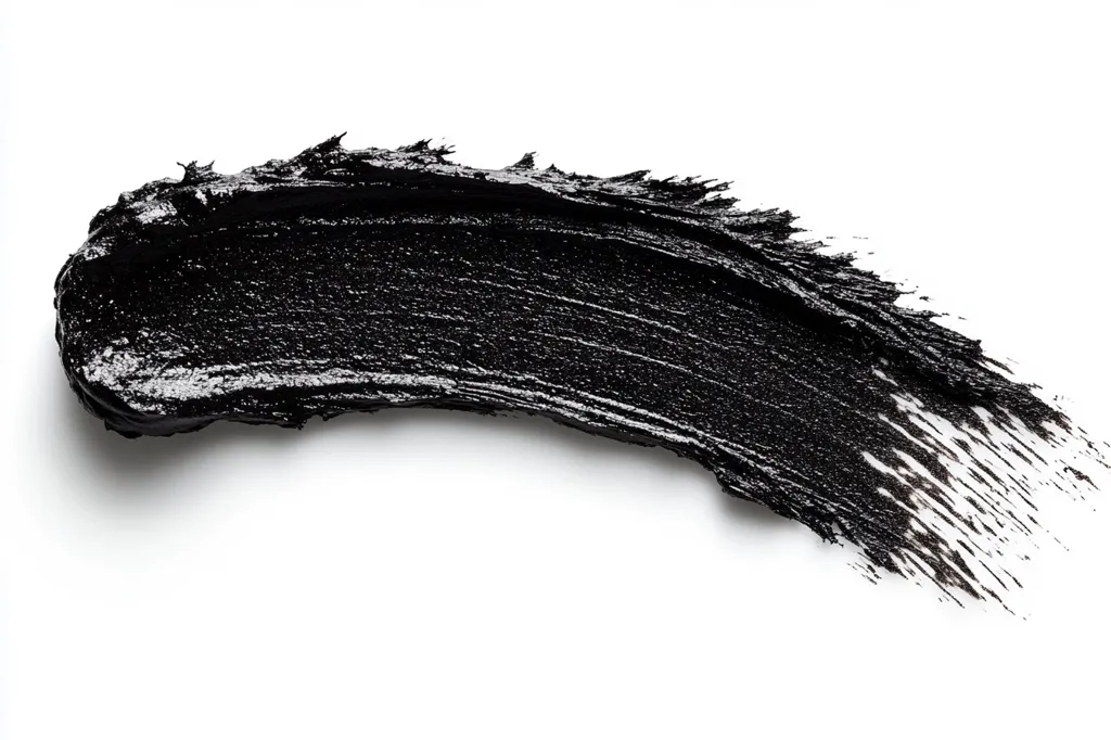 A single, thick stroke of black paint or mascara is smeared across a white background. The stroke is slightly curved, starting thick and tapering to a thin point. The texture of the paint is visible, creating a rough, slightly grainy appearance.  The image is simple, but effective in showing the color and texture of the paint.