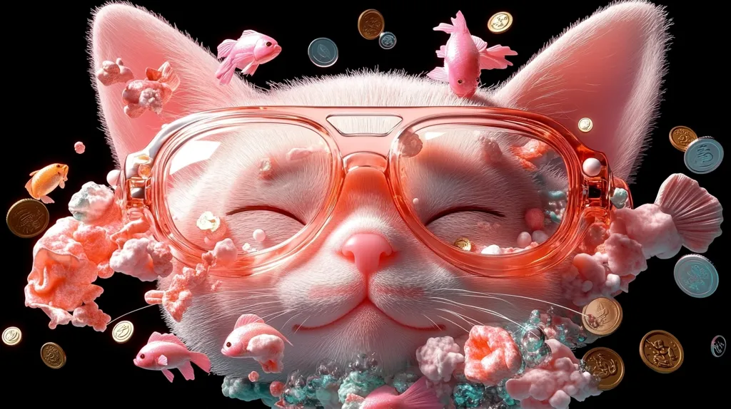 A white cat with pink ears and a pink nose is wearing pink and orange glasses, surrounded by pink and gold coins. The cat's eyes are closed, and its mouth is slightly open in a smile. It is in a dreamy setting, surrounded by pink, coral-like objects and little pink fish.  The image is soft and whimsical, and the cat appears to be in a state of relaxation and happiness.