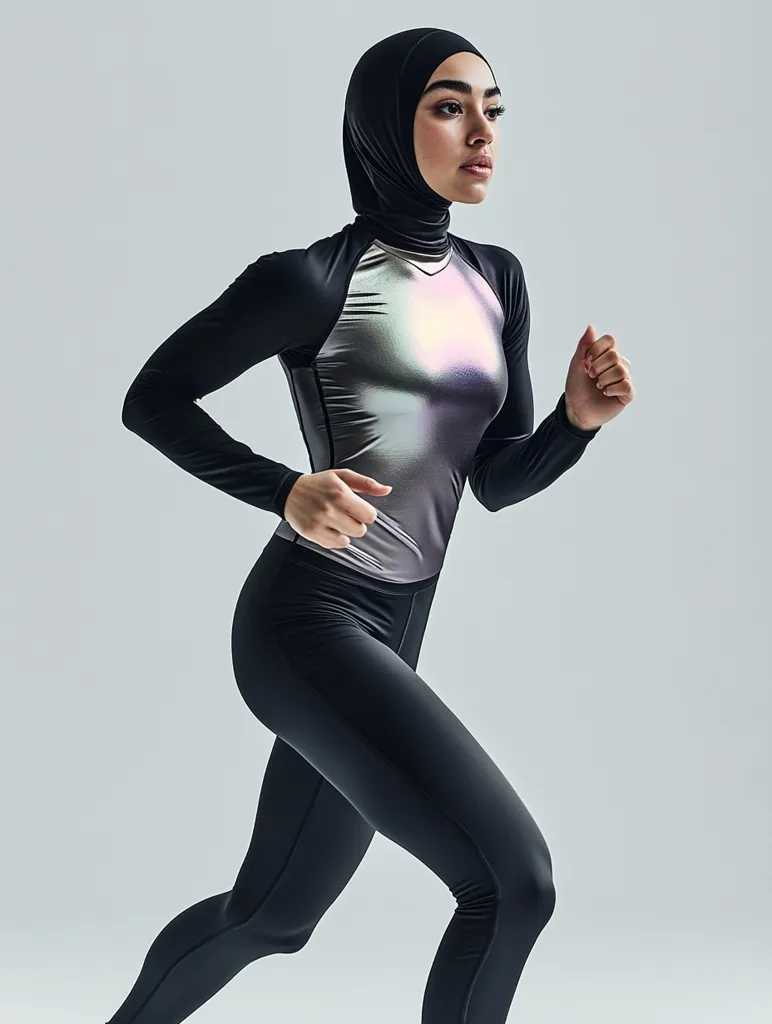 A young woman in a black hijab and matching athletic wear is running. She is wearing a silver and black long-sleeved top and black leggings. Her face is focused and determined, and she appears to be in a state of athleticism. The background is a plain white wall, highlighting her form and movement.
