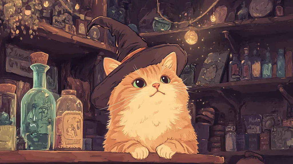 A chubby orange cat wearing a black witch's hat stares up at a glowing lightbulb hanging above shelves filled with bottles and jars. The room is filled with a magical ambiance, hinting at potion-making and mystical activities. The cat's expression is curious and hopeful, suggesting a sense of wonder and anticipation.