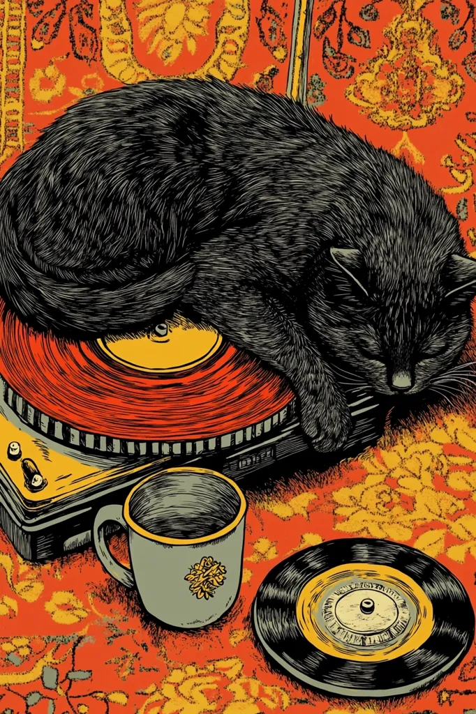 A black cat sleeps on a record player, its head resting on the spinning record. A mug sits on the table next to the player, with another record resting on the table. The scene is depicted in a hand-drawn style, with a colorful background of a patterned rug.