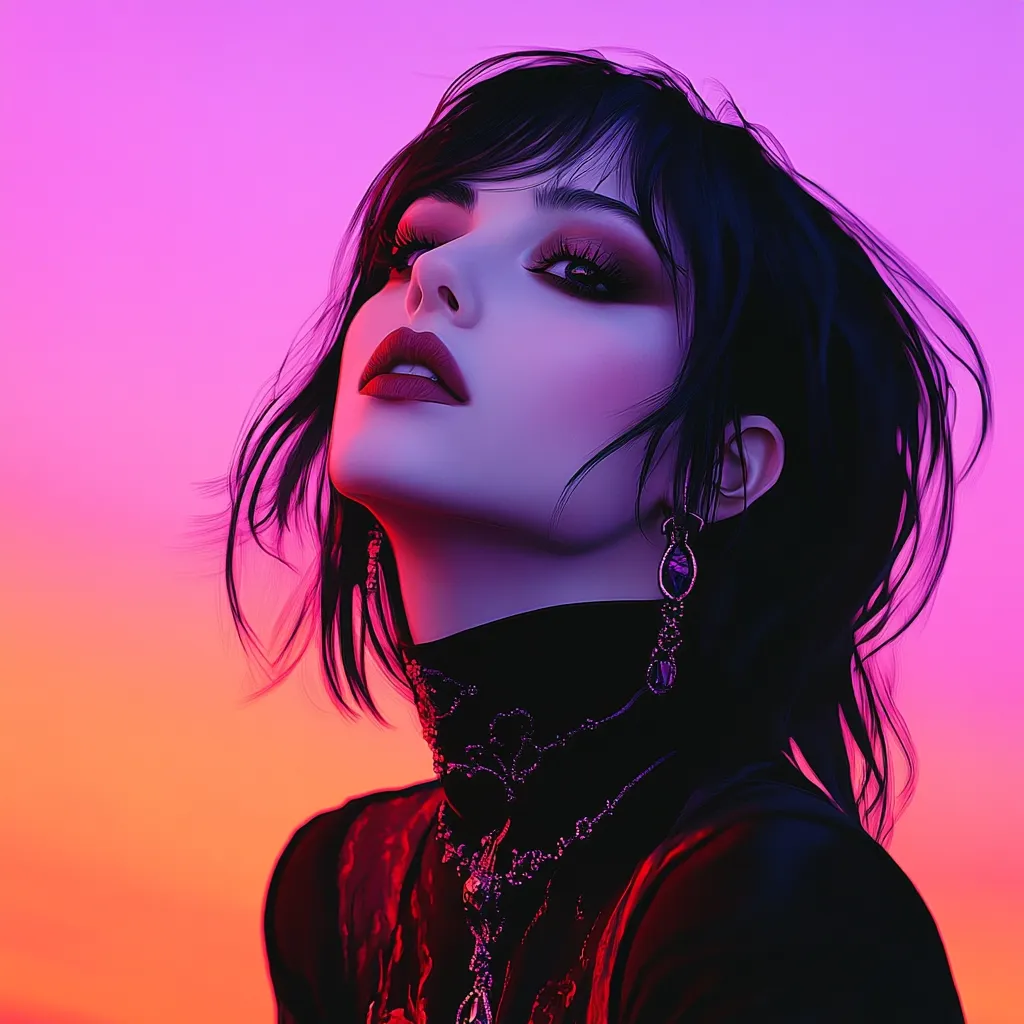A woman with dark hair and dark eyes looks up towards the sky, her face illuminated by a vibrant pink and orange sunset. She is wearing a black high-collared blouse with intricate detailing and a delicate silver necklace. Her dark eyes are lined with eyeliner, and her lips are painted a bright red. Her long earrings dangle down from her earlobes, their purple gems glittering in the fading light.  She is radiating an air of mystery and allure, her expression both confident and wistful.
