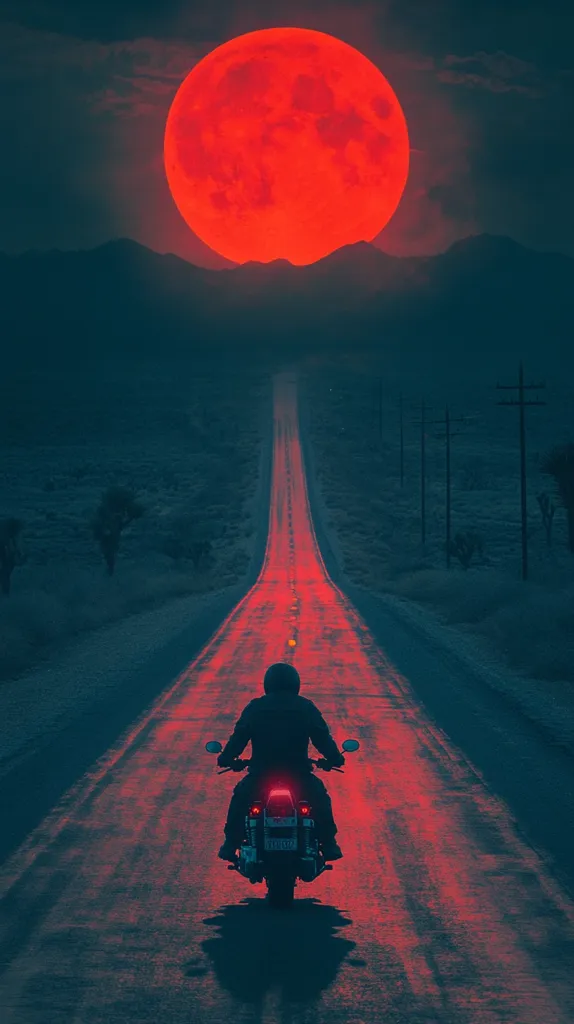 A lone motorcycle rider drives down a long, straight road illuminated by the crimson glow of a large, full moon.  The road stretches out into the distance, disappearing into the horizon.  The rider's silhouette is barely visible against the backdrop of the moonlit landscape.  The scene evokes a sense of solitude and mystery.