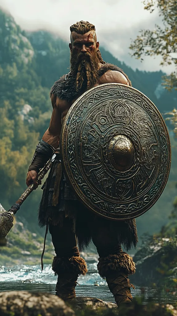 A fierce-looking Viking warrior stands with his back to the camera, holding a large shield and a hammer. He is clad in leather armor and has a long, bushy beard. His face is grim, and his eyes are focused on something beyond the frame. The scene is set in a lush, forested area with a river flowing in the background. The image evokes a sense of strength, courage, and determination.