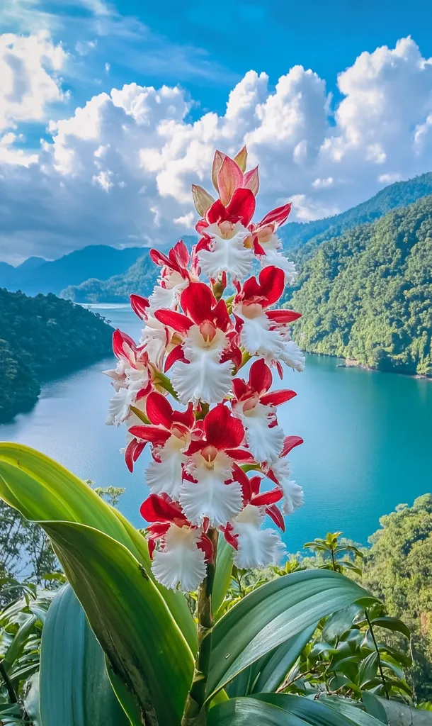 A vibrant cluster of red and white orchids blooms against a backdrop of lush green mountains and a sparkling blue lake. The sky above is a clear blue canvas dotted with fluffy white clouds. The orchids are in full bloom, their delicate petals unfurling in the gentle breeze. The image evokes a sense of tranquility and natural beauty.