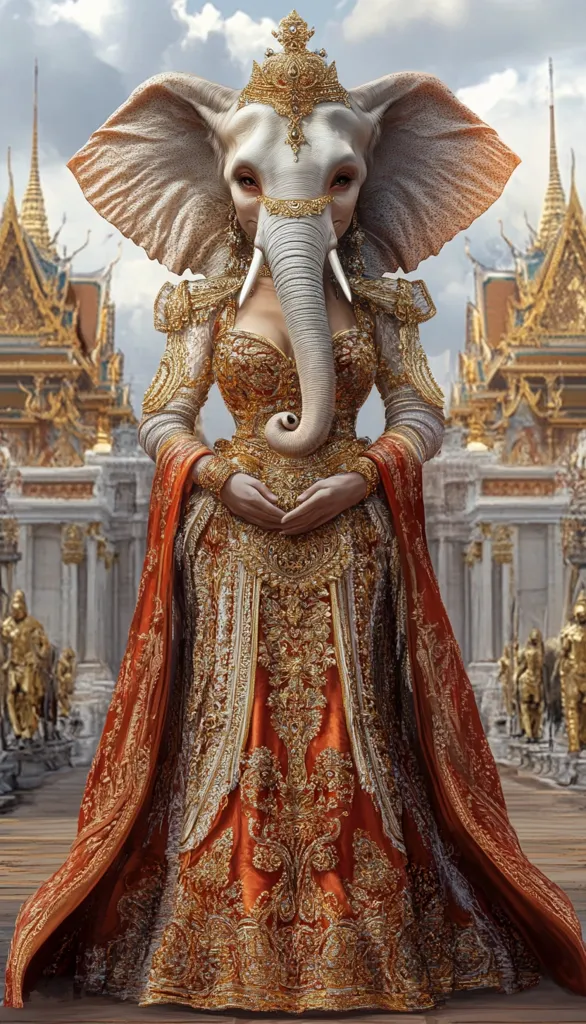 The image depicts a female elephant with a golden crown and elaborate jewelry, wearing a long orange and gold gown. Her trunk is held delicately in front of her, and she appears to be standing in front of a golden temple with ornate details. Her gown features intricate embroidery and patterns, emphasizing her regal stature. The overall impression is one of grandeur and power.