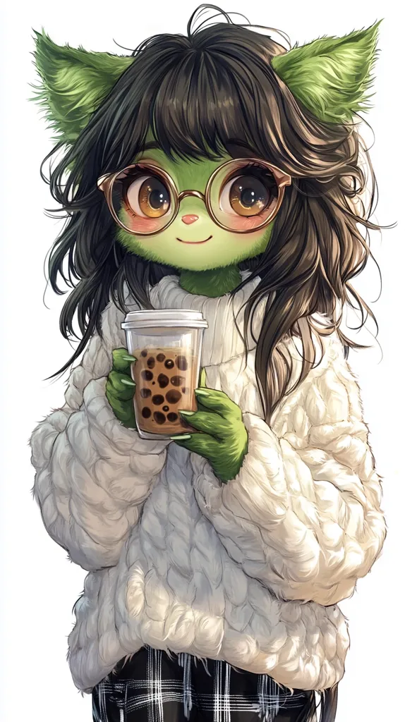 A green, furry creature with large, round eyes and glasses, wearing a white fuzzy sweater and a black and white plaid skirt. It is holding a cup of bubble tea with brown bubbles. The creature has long black hair, and its ears are pointed. The background is white.