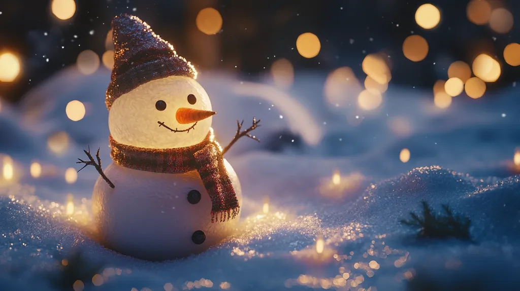 A snowman with a brown hat and scarf stands in a snowy landscape. It is lit from within, creating a warm glow. The background is blurred, with bokeh lights and falling snow creating a magical winter scene.  The snowman is smiling, and the scene evokes a sense of joy and peace.