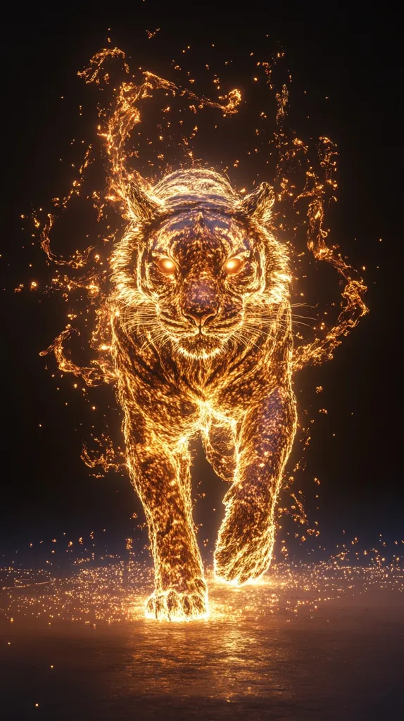 The image depicts a tiger made entirely of fire. It is walking towards the viewer, with its glowing eyes focused on the camera. The tiger is surrounded by a burst of fire and sparks, creating a dynamic and powerful image. The image evokes a sense of energy, power, and danger. The tiger appears to be both ethereal and fierce, a powerful symbol of wildness and strength.