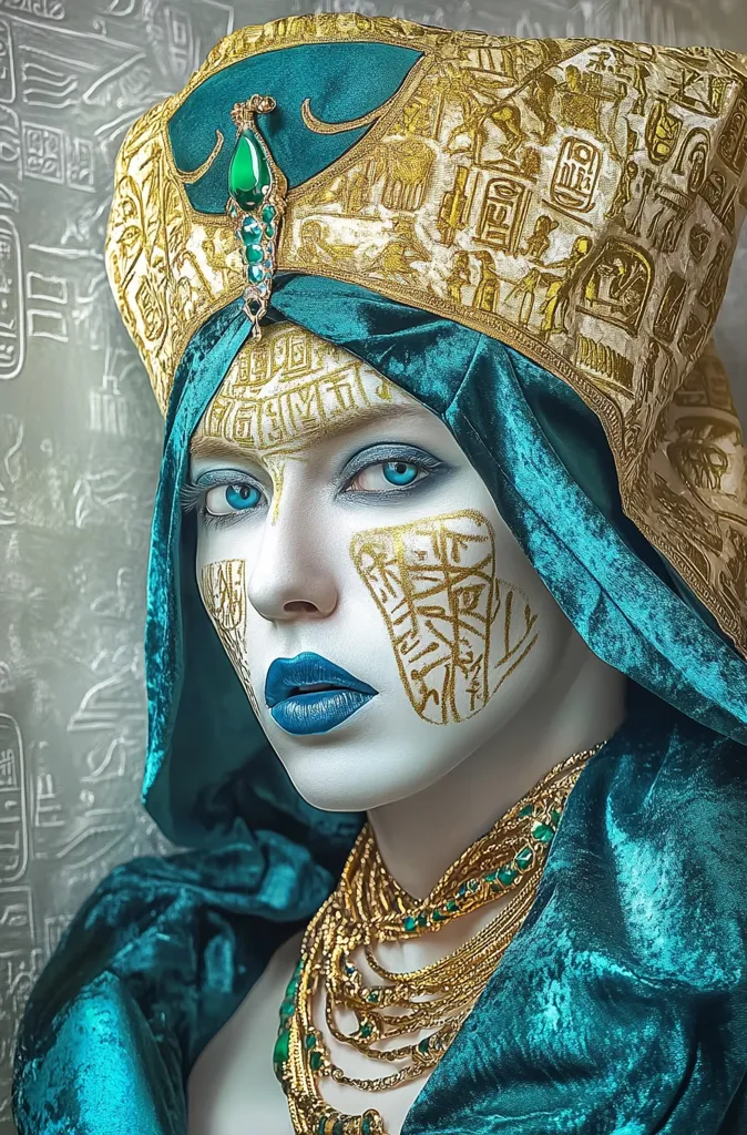 A woman with white face paint and gold hieroglyphics adorns a turquoise head scarf and matching robe. Her blue eyes are prominent and she wears multiple gold and emerald necklaces, creating a rich and exotic appearance. The background is a soft grey with subtle markings, suggesting a historic or ancient setting.