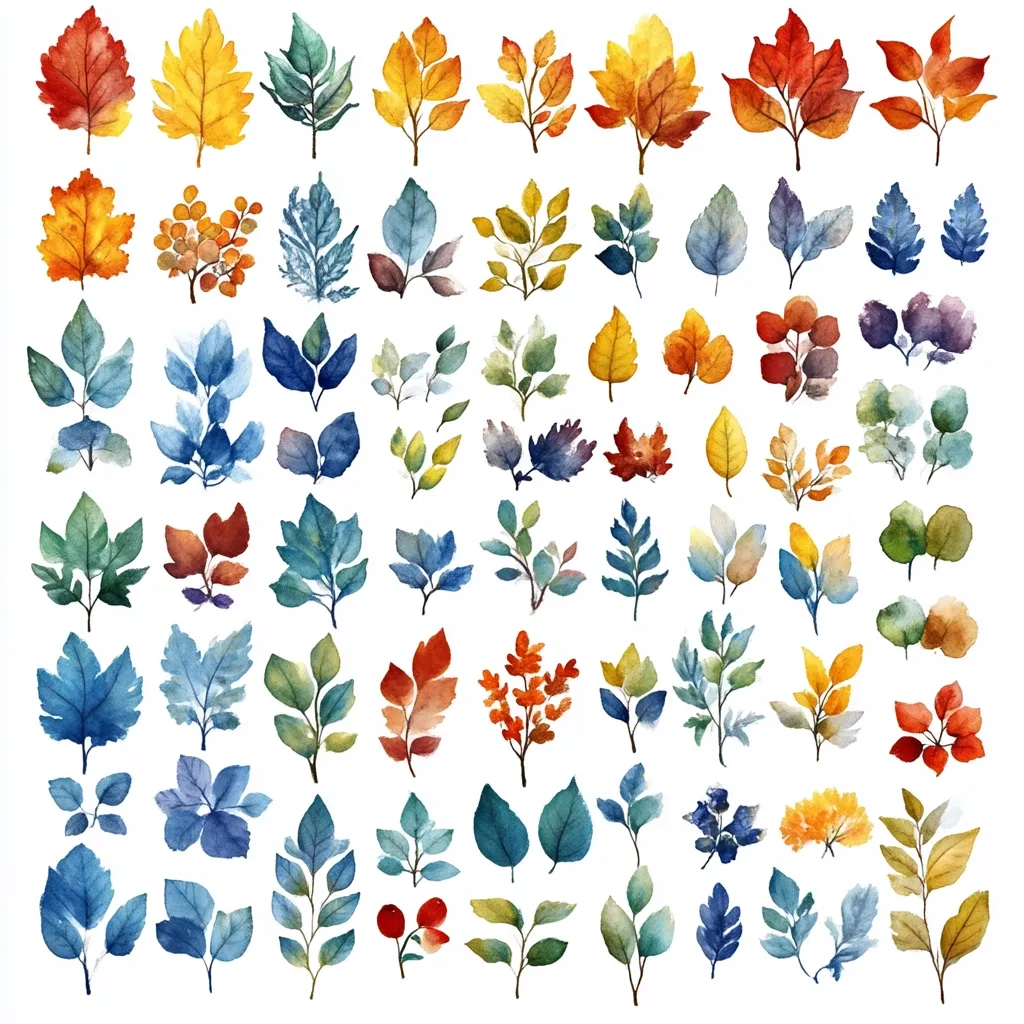 A collection of 48 watercolor illustrations depicting various leaves and sprigs. They are arranged in a grid pattern on a white background. The leaves are in various shades of blue, green, yellow, orange, and red, creating a vibrant and colorful display.  Each illustration is rendered in a delicate and realistic style, capturing the intricate details of the leaves and branches.  The illustrations are perfect for creating patterns, embellishing designs, or adding a touch of nature to any project.