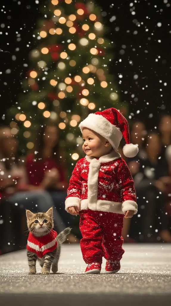 A young child in a red Santa suit walks with a cat wearing a red sweater, in a snowy scene. The child is smiling and looks happy. The scene is lit by a Christmas tree with twinkling lights in the background. It is a festive and heartwarming scene.