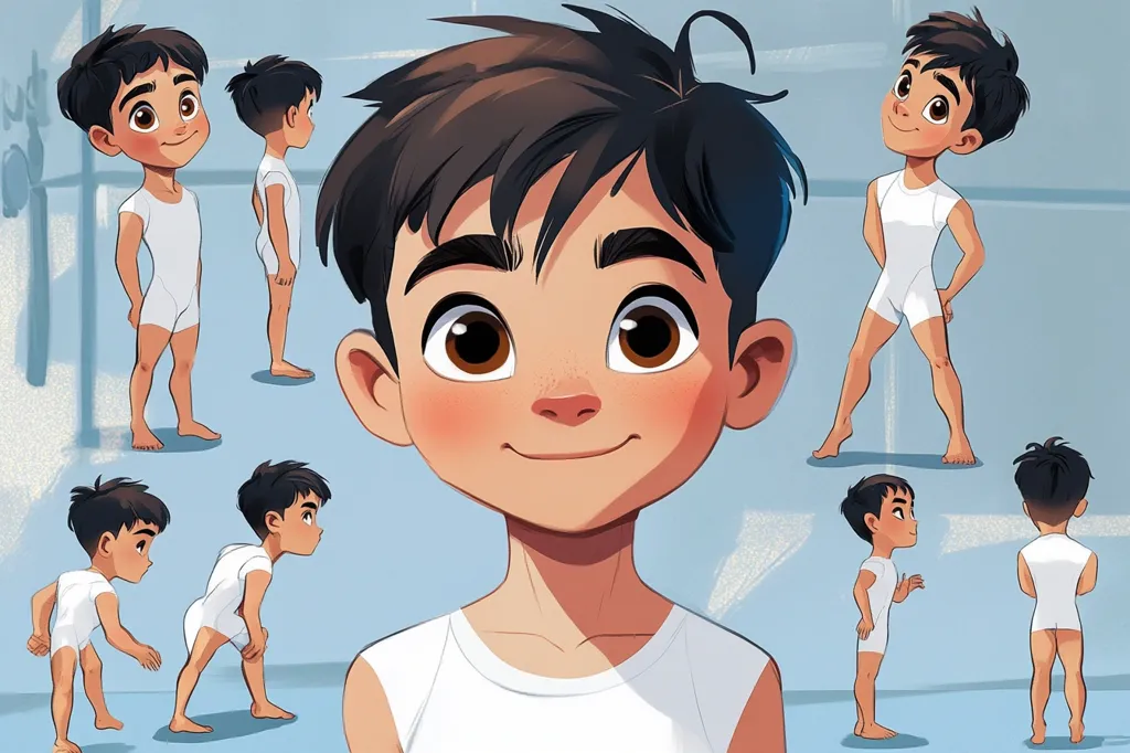 The image shows a cartoon boy in various poses. The central image is a close-up of his face, while the other images show him from different angles. The boy has black hair, brown eyes, and a white sleeveless shirt. The background is a light blue, suggesting he is in a studio setting. He appears to be young and cheerful. The image may be a character design for an animation or comic.