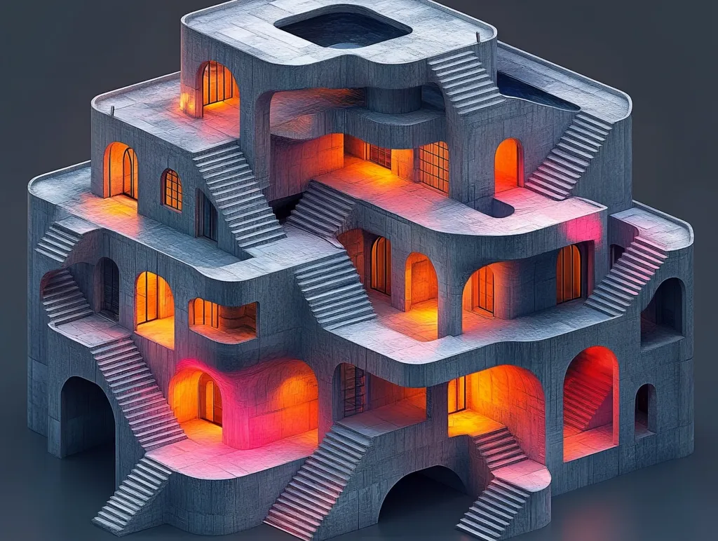 A concrete structure with a complex, interwoven design. It features multiple levels, staircases, arched doorways, and a small pool at the top. The building is lit by warm, orange and pink glows emanating from inside, creating a surreal and dreamlike atmosphere.