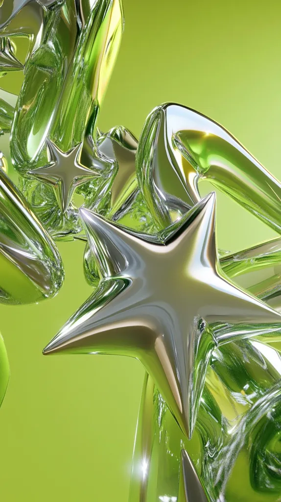 The image is an abstract depiction of a star shape made of shiny, silver, almost liquid metal. The star is angled so that it appears to be reaching out of the frame. The background is a bright, vibrant green, giving the image a sense of futuristic design. The image is abstract but evokes a sense of motion and dynamism.