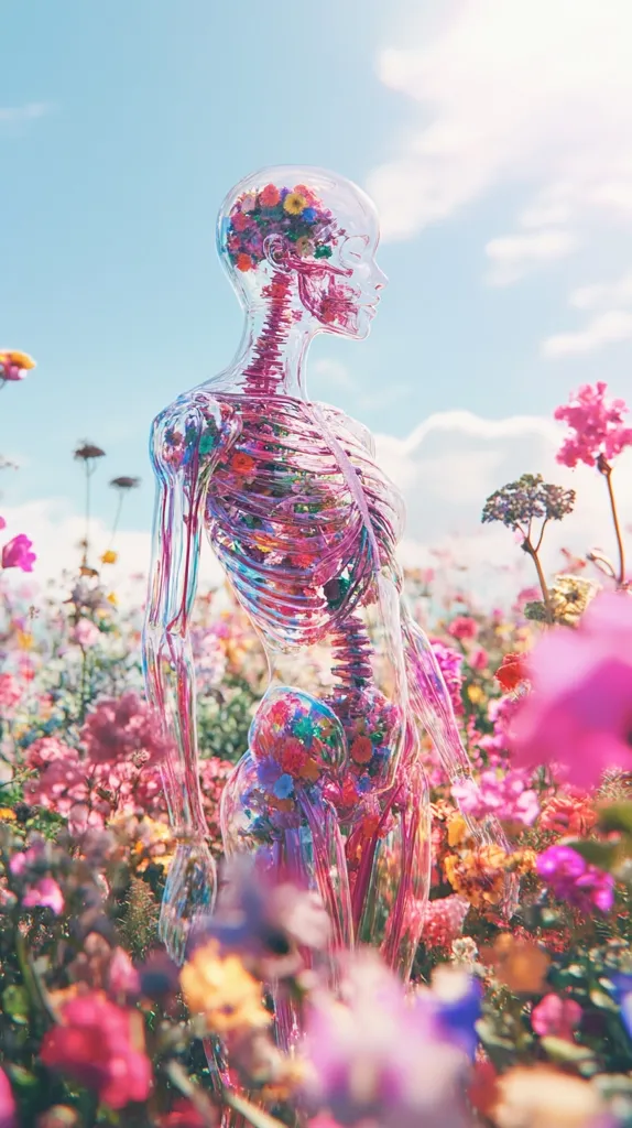 A transparent figure with a skeletal structure and floral elements stands in a field of vibrant flowers. The figure's head is filled with colorful blooms, symbolizing a connection between nature and the human form. The background is a soft blue sky with white clouds. The image evokes a sense of beauty, fragility, and interconnectedness.