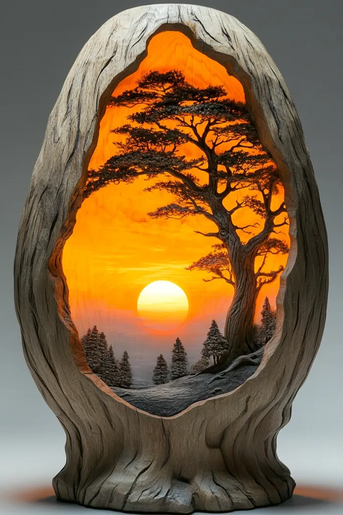 A wooden sculpture carved in the shape of a hollowed-out tree trunk. Inside the cavity is a detailed carving of a sunset scene with a large tree in the foreground, smaller trees in the background, and a bright sun setting over a hazy horizon. The carving is illuminated from within, creating a warm and inviting glow. The sculpture is a testament to the skill and artistry of the woodcarver.