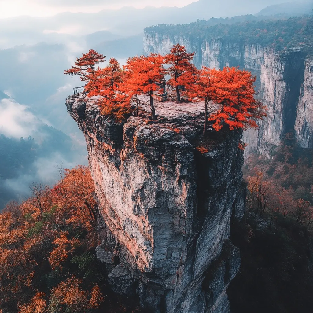 A majestic clifftop, seemingly suspended in the mist, is adorned with a cluster of fiery red trees. The trees stand tall and proud against the backdrop of towering, gray cliffs, creating a striking contrast. The air is thick with the promise of a breathtaking sunrise, painting the sky with soft hues of pink and orange. The scene exudes a sense of serene solitude and awe-inspiring beauty.