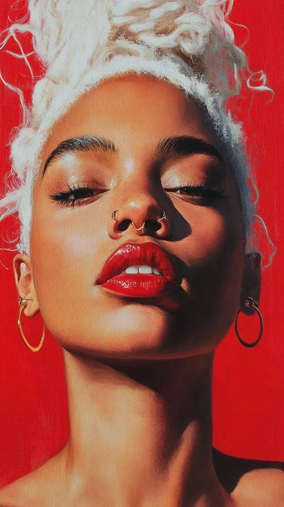A close-up portrait of a woman with white hair and a dark complexion. She is wearing gold hoop earrings and a nose ring. Her lips are painted a bold red, and her eyes are looking directly at the viewer. The background is a solid red. The portrait is painted in a realistic style.  The lighting is soft and warm, casting subtle shadows on her face. The overall effect is one of beauty, confidence, and allure.