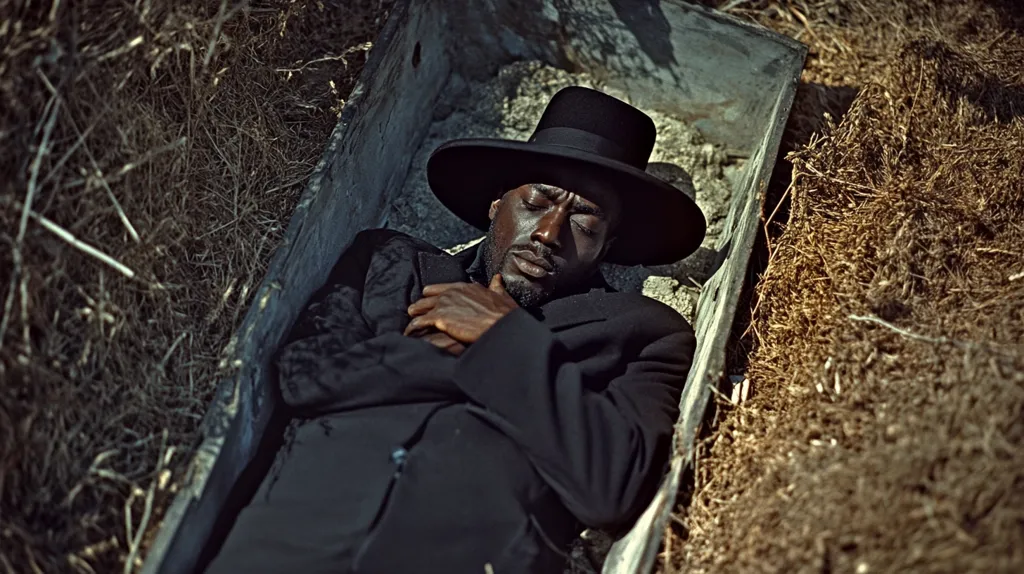 A man in a black suit and hat lies in a wooden coffin. He is asleep with his arms crossed over his chest. The coffin is surrounded by dry grass and dirt, and there is a sense of death and decay. The image is dark and atmospheric, suggesting a sense of mystery and intrigue.  The man's eyes are closed, and he appears to be peaceful in his sleep. However, the setting of the coffin and the dry grass around him suggests that he is no longer alive.  This creates a sense of unease and a question of who this man is and why he is in the coffin.