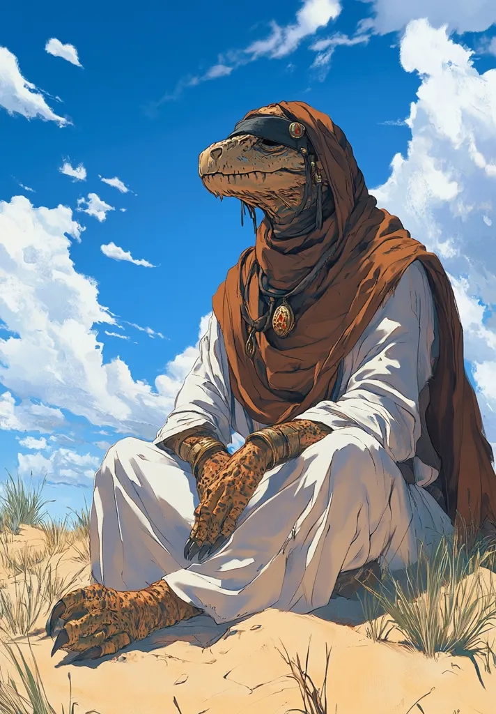 A reptilian humanoid wearing a brown hood and white robes sits on a sandy dune, looking up at a blue sky with fluffy white clouds.  The creature's face is obscured by a blindfold and the hood, but its scaly hands adorned with golden bracelets are visible. The image evokes a sense of mystery and tranquility.