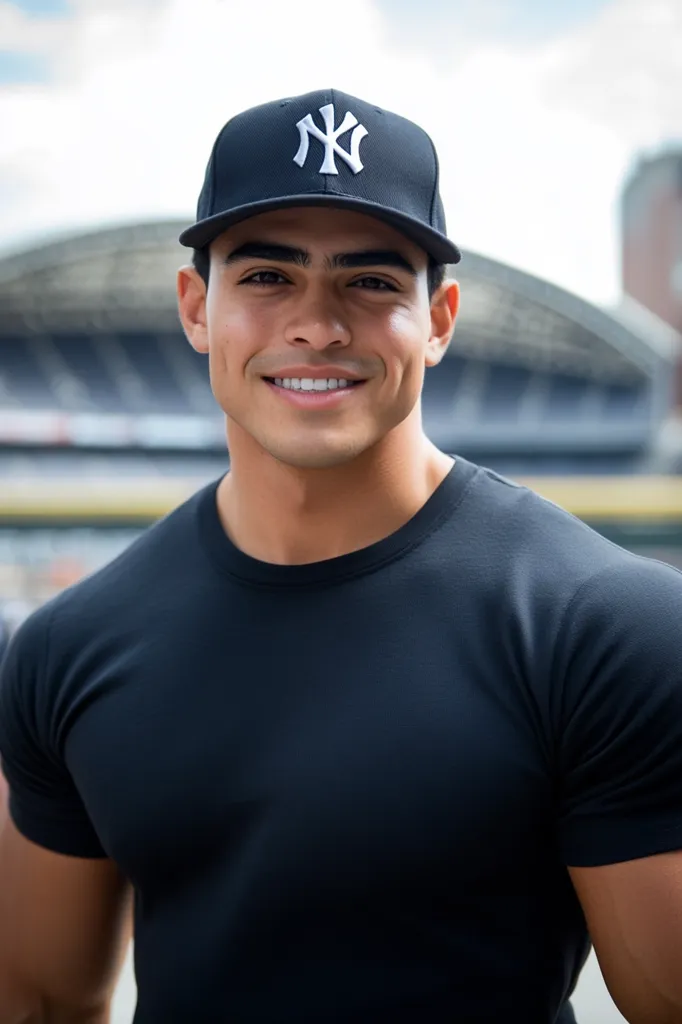 A young man with short dark hair and a clean-shaven face wears a black t-shirt and a black baseball cap with the New York Yankees logo. He is smiling, with a backdrop of a stadium behind him. He appears to be in his late teens or early twenties. His eyes are brown, and he has a strong jawline.  The image conveys a sense of confidence and athleticism.