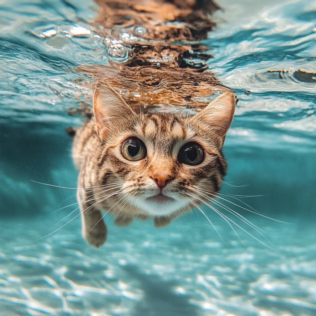A tabby cat with big, round eyes swims underwater, its body submerged with only its head and a few whisker visible. The cat's fur is wet and shimmery, and its expression is curious and playful. The water is clear and blue, creating a backdrop for the cat's enchanting underwater adventure.  The image captures a unique perspective, showing the cat's perspective as it navigates the aquatic world.