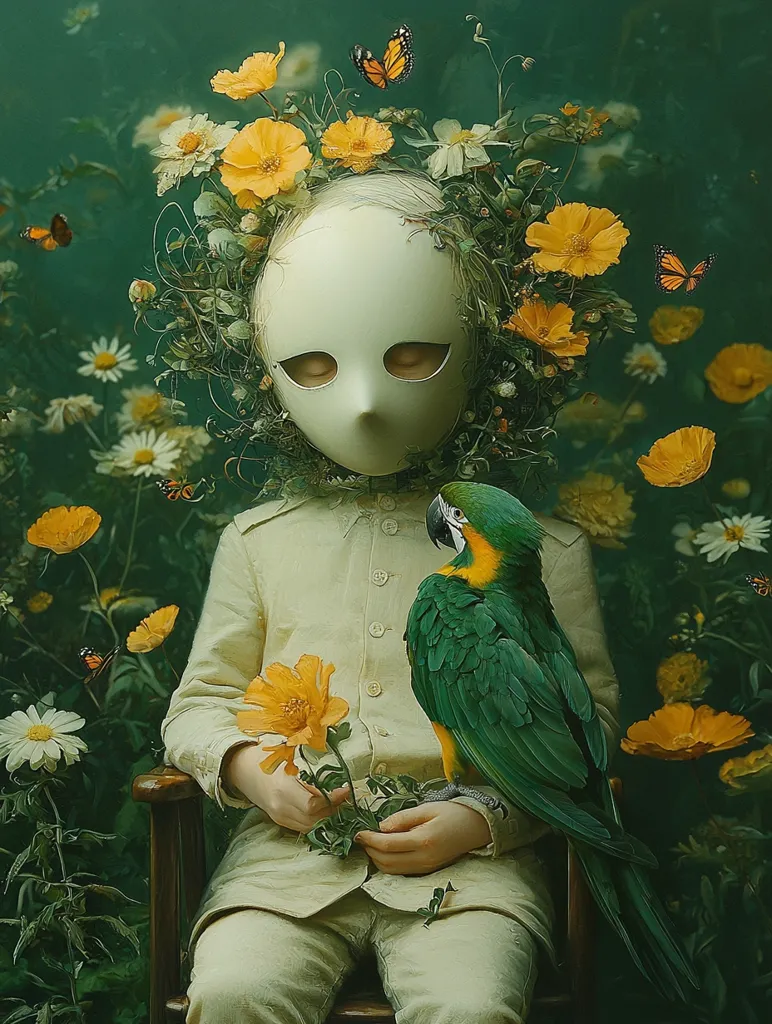 A child with a white mask sits on a wooden chair in a garden. They are surrounded by yellow flowers and green foliage. A green parrot with yellow accents perches on their lap.  A butterfly flutters in the air. The scene evokes a sense of tranquility and whimsy.