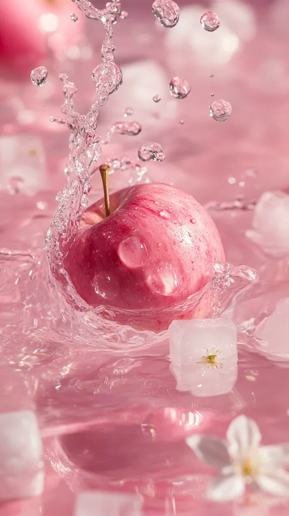 A pink apple sits in a pool of water, surrounded by splashes and water droplets.  The apple is partially submerged, and the water is rippling around it. There are also a few ice cubes in the water.  The background is a soft pink color. The image creates a sense of freshness and coolness.