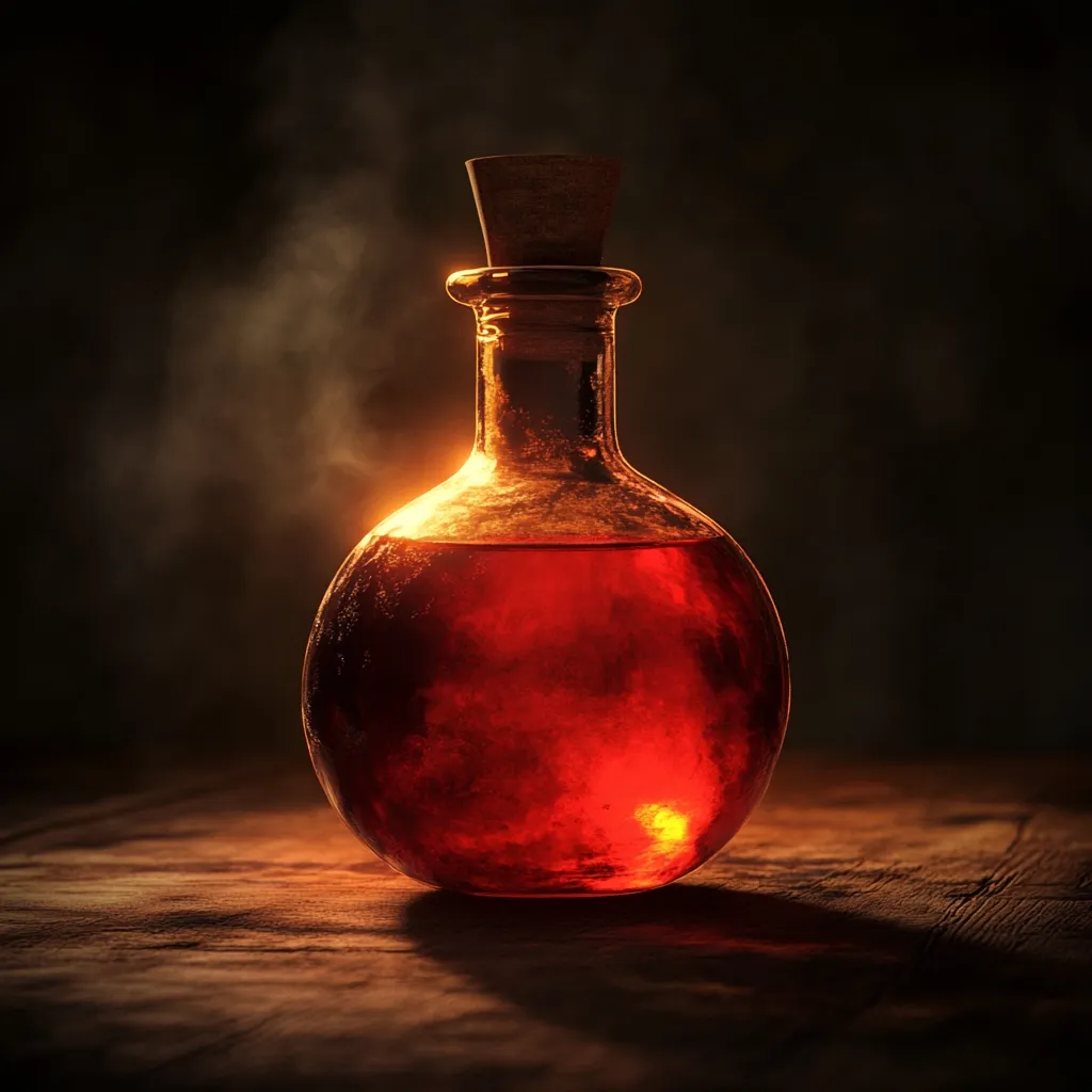 A round glass bottle with a cork stopper sits on a wooden table. It is filled with a glowing red liquid that appears to be emitting smoke. The scene is dimly lit, creating an eerie and mysterious atmosphere.  The bottle's contents suggest a potion or magical elixir.