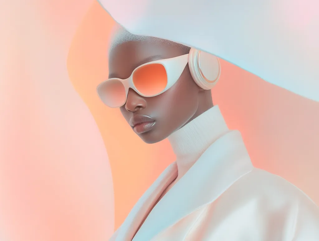 A woman with short, light hair wears white sunglasses and a white turtleneck.  The background is a soft pink and orange, with a white, translucent shape extending from behind the woman's head.  The shape appears to be an oversized hat, with the light reflecting on its smooth surface.  The woman gazes intently at the camera, and her expression is serious.  The image evokes a sense of mystery and cool sophistication.