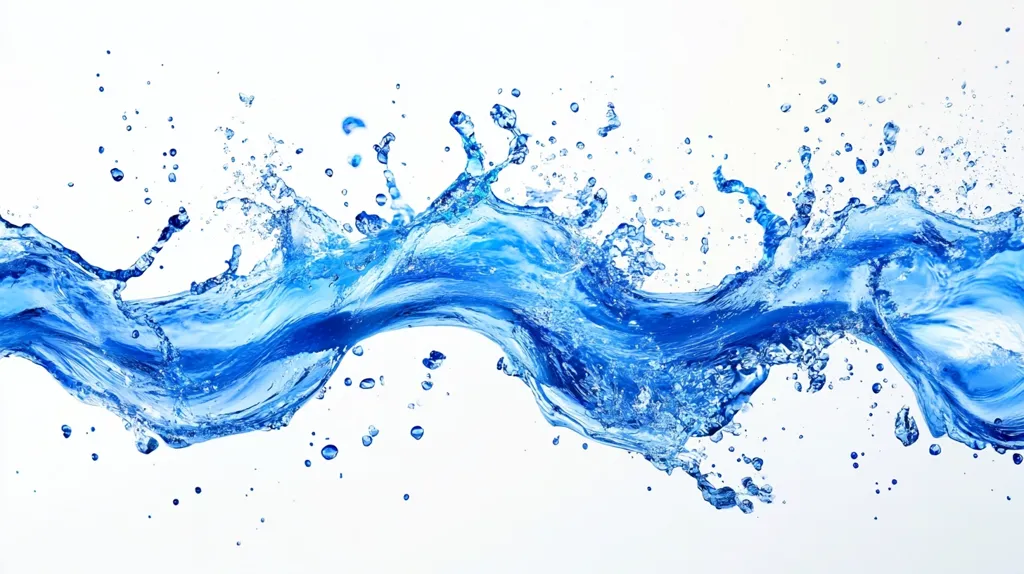 A wave of water splashes across a white background, creating a dynamic and abstract pattern of blue. Tiny droplets of water are scattered throughout the image, adding to the sense of motion and energy. The water appears fresh and clean, with a slight sheen.  The image evokes a sense of coolness and refreshment.