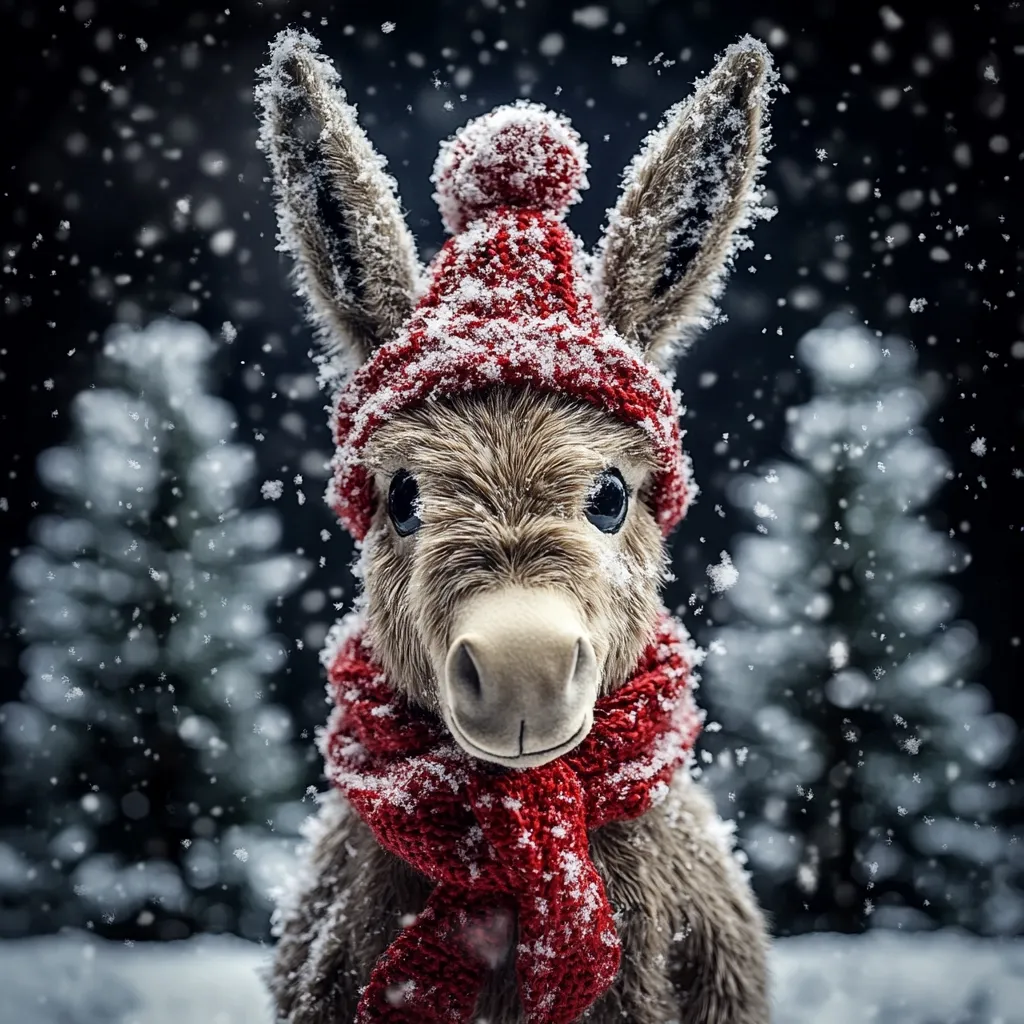A plush donkey wearing a red knit hat and scarf stands in a snowy winter landscape. Snowflakes fall around the donkey, creating a festive and whimsical scene. The donkey's large eyes and soft fur make it look adorable and charming. The snowy trees in the background add depth and a sense of peace to the image.