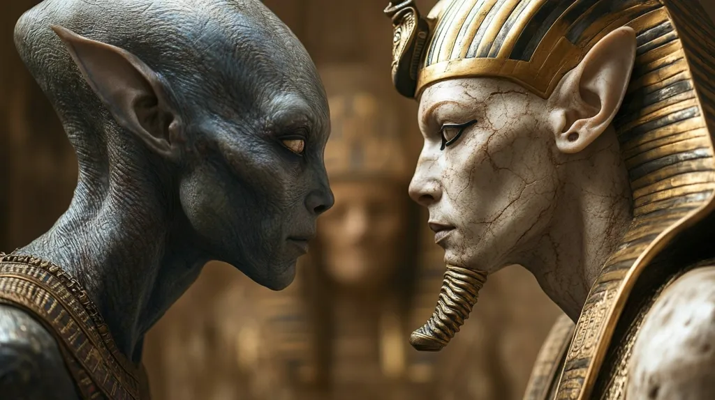 The image shows two figures, one with blue skin and pointed ears, and the other with white skin and a golden collar. They are facing each other, with their eyes locked in a tense stare. The blue figure wears a golden belt and necklace, suggesting a connection to ancient Egypt. The background is blurred and out of focus, creating a sense of mystery and intrigue. The image could be a scene from a fantasy film or a work of art exploring themes of conflict and cultural differences.