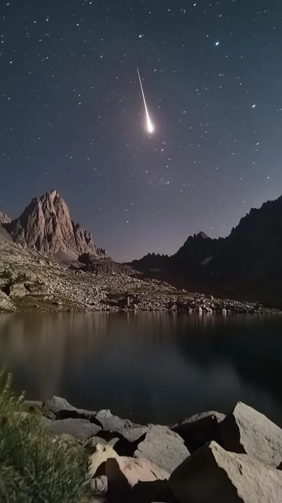 A bright shooting star streaks across a dark night sky above a serene mountain lake. The lake is still and reflects the star's light. Rugged, dark mountain peaks line the horizon, creating a dramatic contrast against the bright stars. The scene captures the tranquility of nature under a starlit sky.