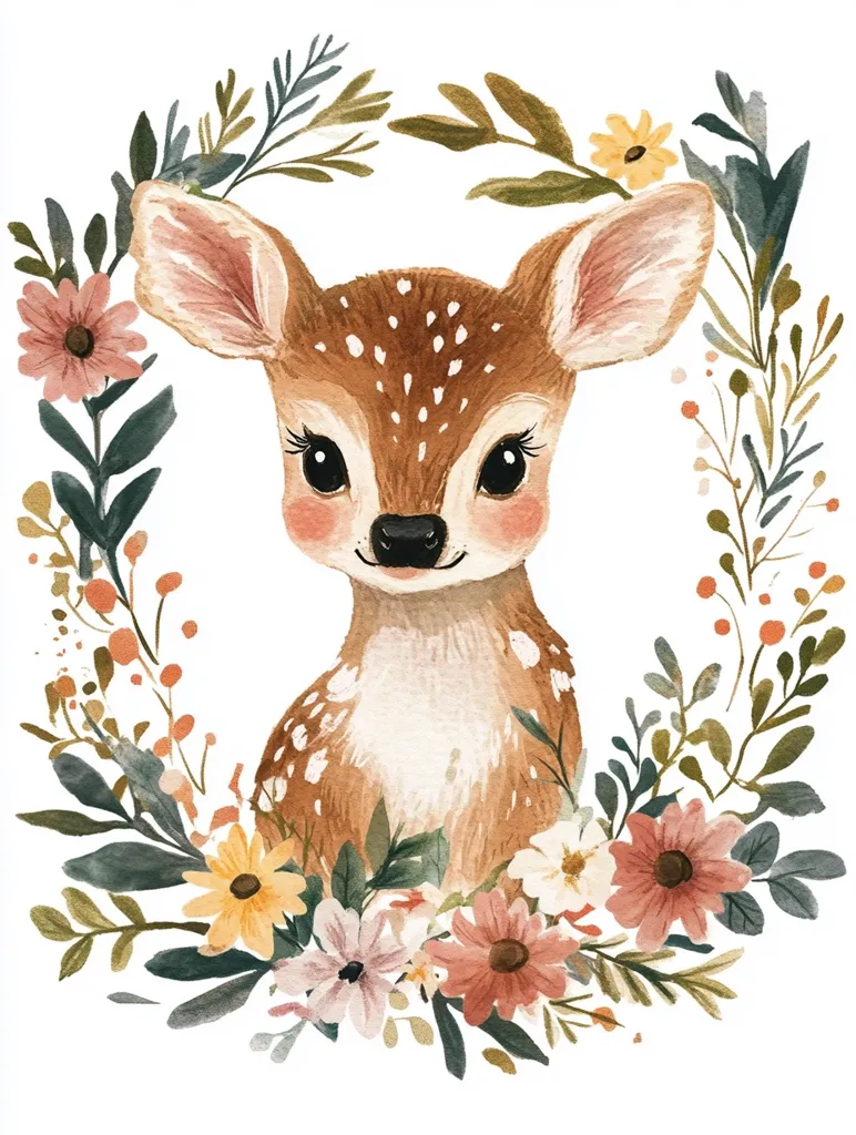 A watercolor illustration of a fawn with large brown eyes and a spotted coat. It is positioned in the center of a circular frame of flowers and leaves, with a soft, whimsical style. The fawn's large ears and delicate features evoke a sense of innocence and beauty. The overall image is a charming and endearing depiction of nature.