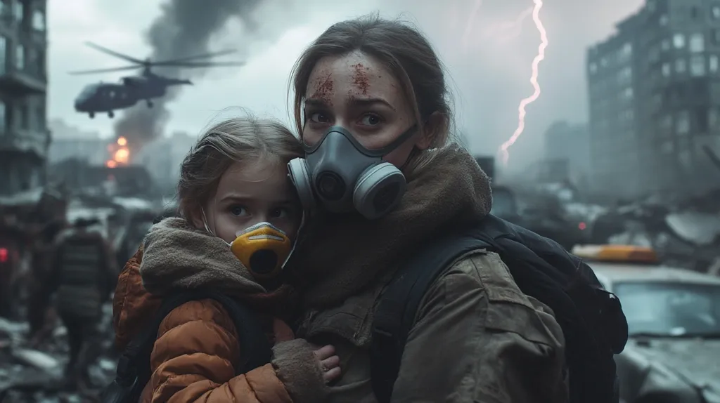 A woman wearing a gas mask holds a young girl, also wearing a gas mask, close to her in a post-apocalyptic city. The city is in ruins, with debris and wrecked cars scattered throughout. A helicopter flies overhead, and a lightning strike flashes in the distance, creating a sense of chaos and danger. The woman's face is bruised and her expression is grim, suggesting a desperate struggle for survival. The image evokes a sense of fear, loss, and resilience in the face of adversity.
