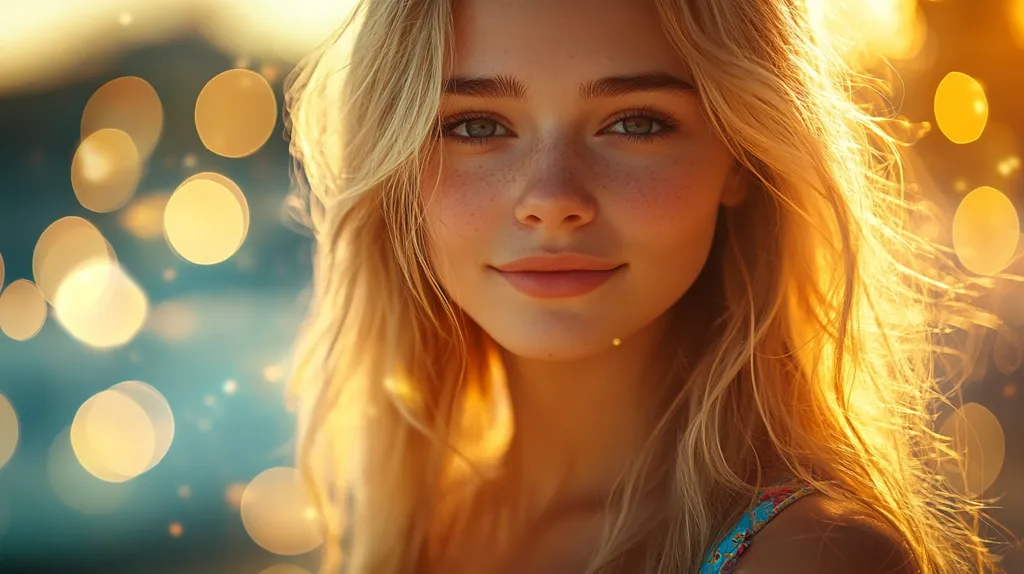 A young woman with long, flowing blonde hair, a gentle smile, and a few freckles on her nose looks directly at the camera. Her blue eyes sparkle in the warm glow of the out-of-focus lights behind her. The image is soft and warm, with a dreamy quality.