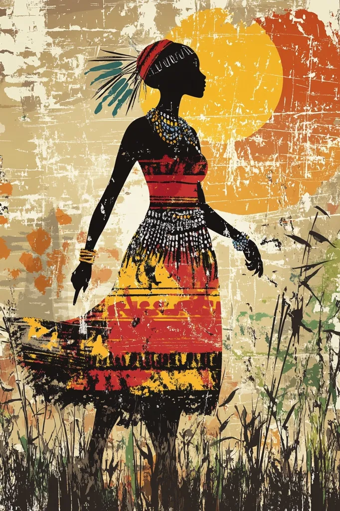 The image features a silhouette of an African woman in traditional clothing. She is wearing a colorful dress and jewelry.  A large, bright sun is in the background, shining down on her. The image is set against a textured, abstract background with grass and flowers. The colors are vibrant and bold, creating a strong visual statement.