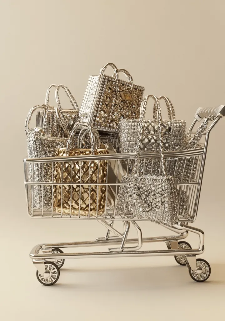 A silver shopping cart overflowing with sparkly, silver and gold designer handbags. The cart is on a light beige background. The handbags are all covered in rhinestones and glitter, creating a glamorous look. The cart is full, with some of the bags hanging off the sides.