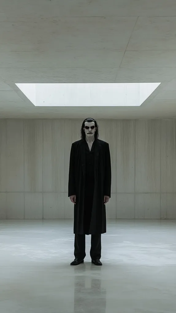 A man wearing a black coat and black pants stands in a minimalist, white room.  His face is painted white, and he has dark hair.  His expression is stoic.  A single, rectangular skylight is above him. The lighting is diffused, casting a soft, pale glow over the scene.  The man's figure is silhouetted against the bright light above, creating a sense of mystery and isolation.