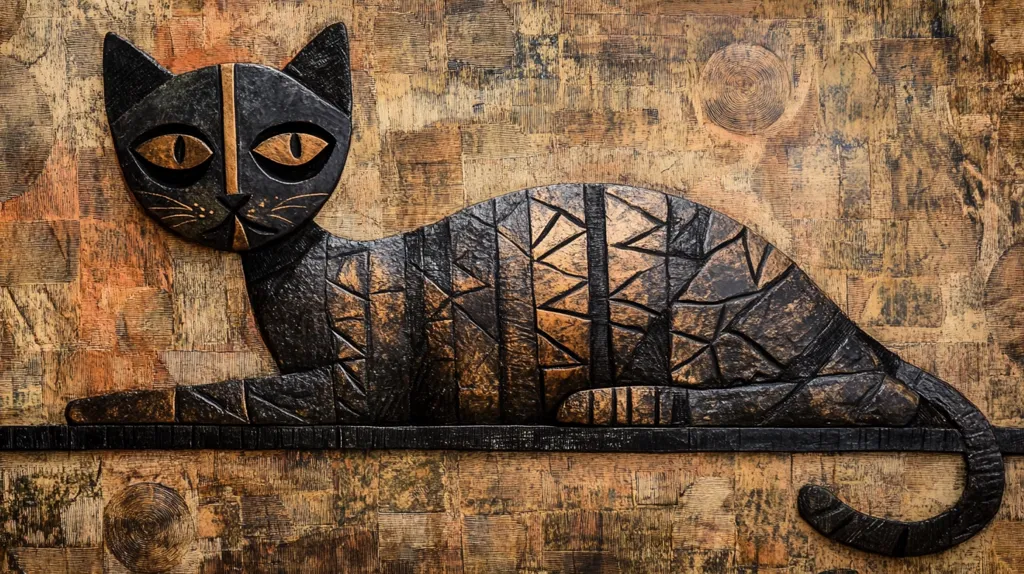 A black cat is depicted in a stylized, abstract form, carved into a wooden panel with a textured, geometric pattern. The cat's fur is rendered with triangular shapes, its eyes are large and almond-shaped, and its body is curled in a relaxed pose. The background is a warm, earthy tone with hints of gold, creating a sense of depth and richness. The overall effect is a whimsical and decorative representation of a feline subject.
